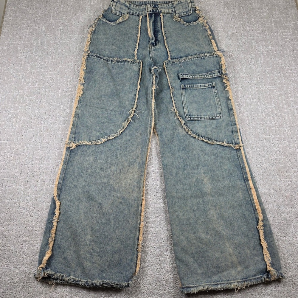 SHEIN Womens 28 Blue Patchwork Frayed Raw Edge Wide Leg Jeans Y2K Punk Grunge